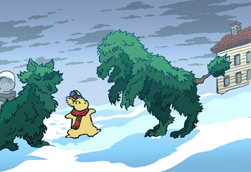 A small bunny with a red scarf walks past two large topiaries in an outdoor, snowy scene near a hotel. The topiaries look like predatory animals: A lion and a wolf, and rear up at the bunny ominously. Although this resembles a scene from the book "The Shining", it is unclear whether the topiaries are actually alive or not.