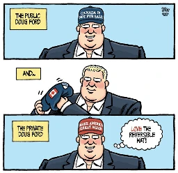 Comic where in the first panel "The Public Doug Ford", he is wearing a "Canada is not for sale" hat. In the second panel "And...", he flips it inside-out. In the third panel "Private Doug Ford", he is wearing a red MAGA hat with the thought bubble "love the reversible hat!"