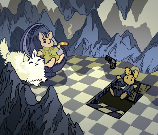 A bunny secret agent confronts a bunny villain in a secret lair, implied to be an underground cavern. The secret agent, in a tuxedo, falls into a cleverly placed trapdoor. The villain is reclining on a 60's chair, and has a scar on his eye and a white long-haired cat, like Ernst Blofeld.