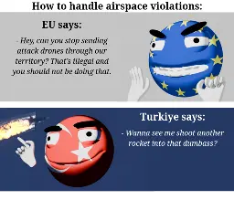 Image has title "How to handle airspace violations", has two smileys, one representing EU and saying "- Hey, can you stop sending attack drones through our territory? That’s illegal and you should not be doing that." and another representing Turkey, saying "- Wanna see me shoot another rocket into that dumbass?".