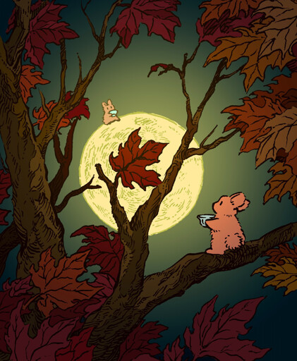 A bunny sits on the branch of a tree at night, sipping tea and looking at the full moon. On the moon, another small bunny is visible, also drinking tea while looking back at the bunny on the tree branch