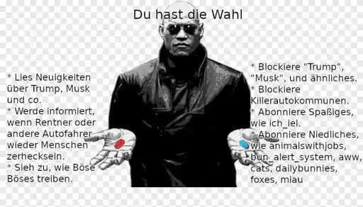 Matrix blaue/rote Pille Meme. Oben: "Du hast die Wahl" Links: "* Lies Neuigkeiten über Trump, Musk und co. * Werde informiert, wenn Rentner oder andere Autofahrer wieder Menschen zerheckseln. * Sieh zu, wie Böse Böses treiben." Rechts: "* Blockiere "Trump", "Musk", und ähnliches. * Blockiere Killerautokommunen. * Abonniere Spaßiges, wie ich_iel. * Abonniere Niedliches, wie animalswithjobs, bun_alert_system, aww, cats, dailybunnies, foxes, miau"