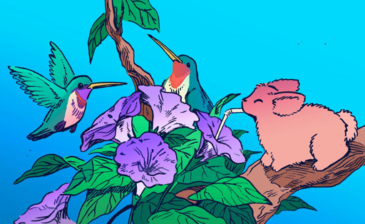 A bunny sips nectar from a flower, using a little drinking straw to get at it. Two hummingbirds are around her near other flowers, and they are allin a tree on a warm day