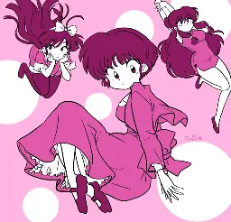 A pink, maroon, and white fan art drawing of Ukyo, Akane, and Shampoo from Ranma ½ effortlessly floating in the air in front of a pink background with white circles; there are only five colors total, but the artist Wanfutoshi sure drew a lot in just 60 minutes!