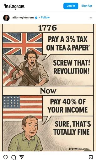 A two panel comic. Top panel has a title of 1776, and a white man is yelling angrily. The word bubble says "Pay a 3% tax on tea and paper. Screw that! Revolution!" The bottom panel has the title Now and a white man looking despondent. The word bubble says "Pay 40% of your income. Sure that's totally fine."