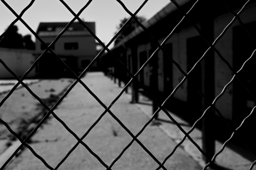 Daylight monochrome photography.
A desolate path running alongside a row of closed doors seen from the other side of the grill...