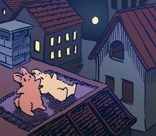 Two bunnies are sitting on a small blanket on a rooftop, looking up at the stars- except that they are in a bright-lit city, with old-fashioned architecture, so it's unlikely that they see any actual stars. Nevertheless, they point up at the sky at the stars that might be there