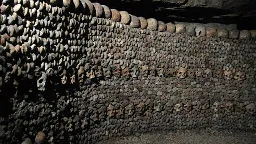 A wall with skulls embedded into it, from the catacombs of Paris