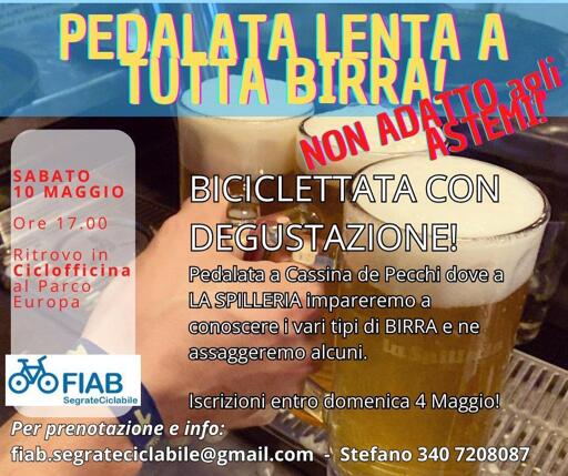 Volantino della biciclettata.

Sullo sfondo la foto di un boccale di birra. In sovraimpressione le informazioni che si possono trovare nel toot e al link