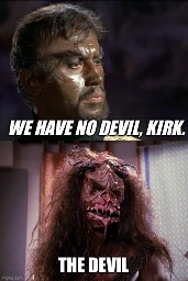 Top image is of Kang the text being the quote “We have no devil, Kirk”.

Bottom image is Fek'lhr with the text reading “The Devil”.