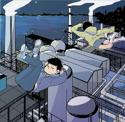Two boys from Osomatsu-san wearing hoodies are lazily floating in the air overlooking an industrial district in Yokohama, Japan