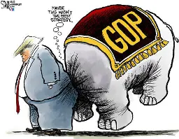 A caricature showing Trump and an elephant carrying a carpet embroideered with "GOP" on its back. Neither its trunk nor its head are visible, because it's deep up Trump ass.