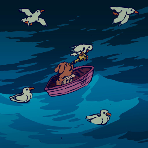 A bunny in a small maroon boat is sailing on the sea at night. He looks through a spyglass, but his view is blocked by a seagull peering through the lens, while perched on top of it. Other seagulls, it's friends, surround the boat, floating placidly.