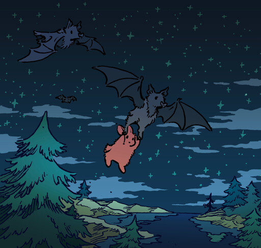 A bunny catches a flight by holding both legs of a bat, who is flying across a starry night sky. Another bat follows closely behind them, and they are currently going over a small body of water.